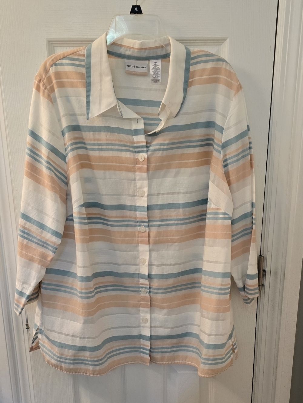 Alfred Dunner Cream Button-Up Shirt with Peach & Blue Stripes, Size 18W (310)